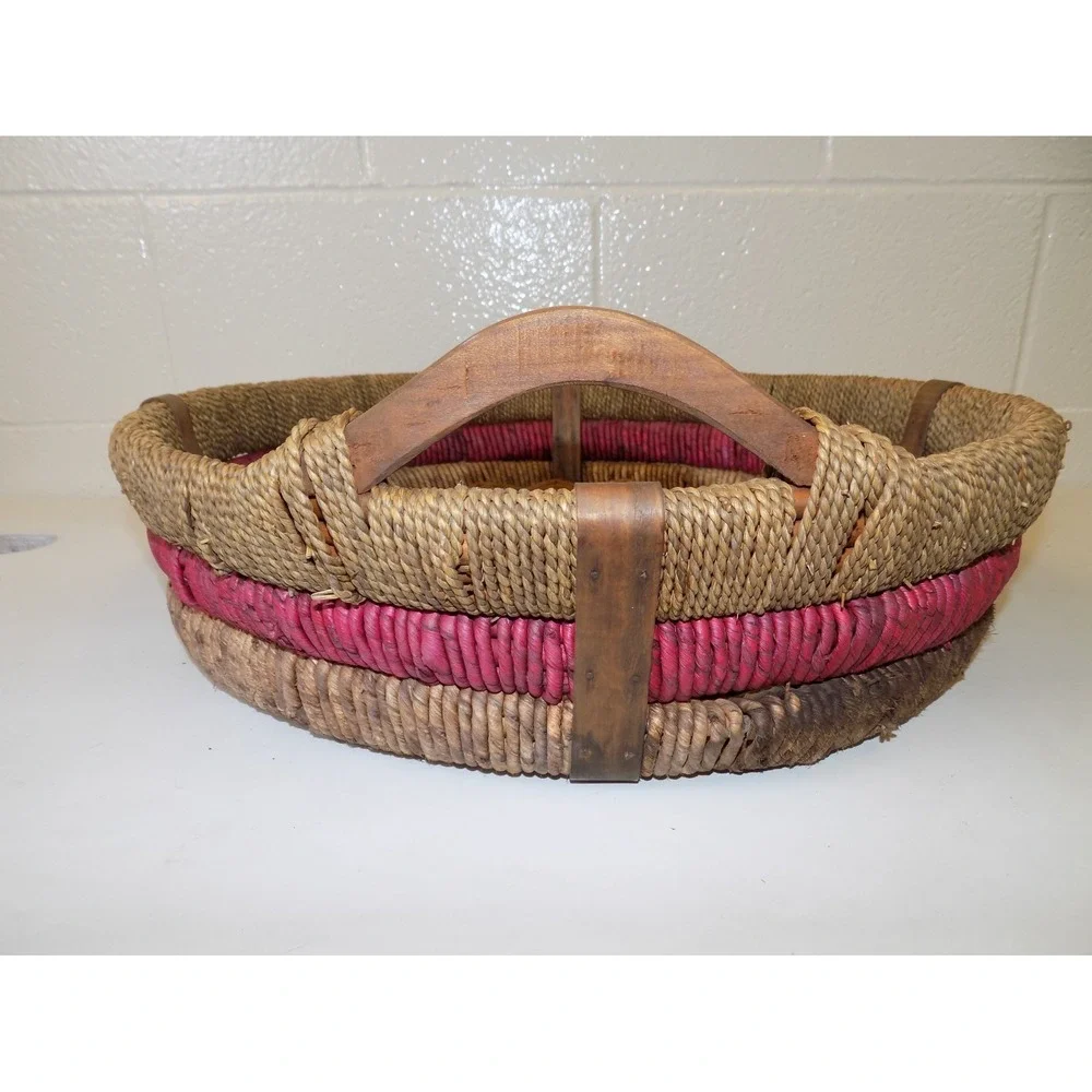 Large Vintage Woven Basket Tray w/ Wood Handles Red Accent Round Boho 20